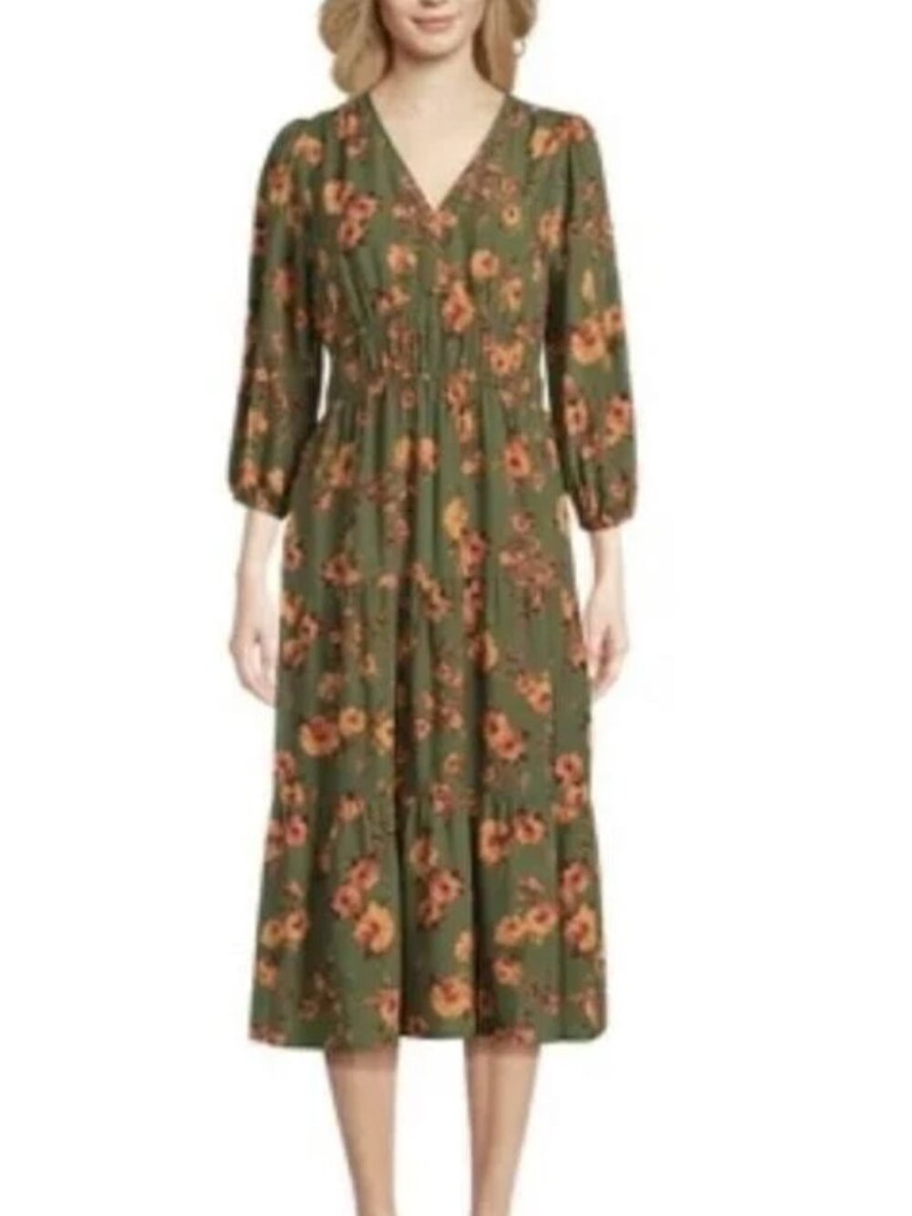 Time & Tru Floral Dress 3/4 Sleeve MIDI Dress Size  Medium 8-10